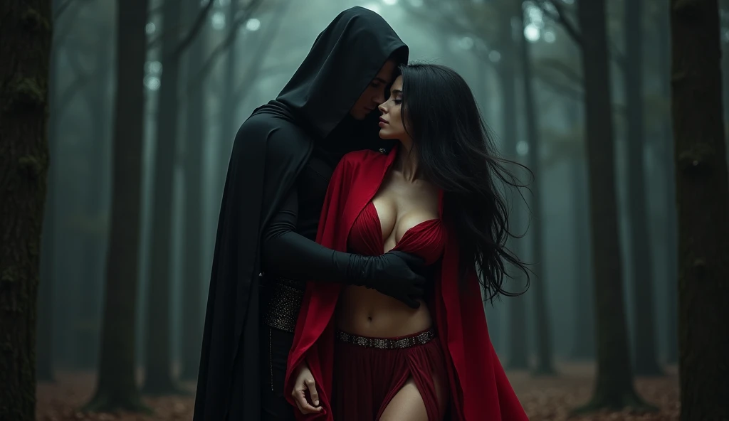 a woman with long black hair, with a red cape, with a long and deep neckline on display and a man in dark clothing kissing passionately in the middle of the dark and gloomy forest, in total darkness, he is taking off her cloak revealing her skin, your legs are showing