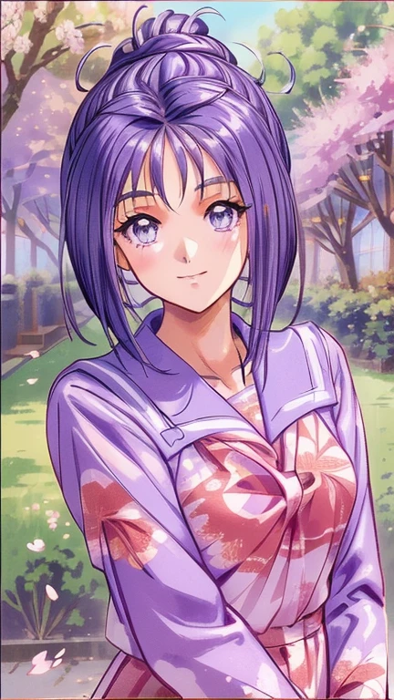 ((masterpiece)),((Ayako Katagiri)),((Katagiri Ayako)),((Mischievous Smile)),Anatomically perfect fingers,(((Cherry blossom trees))),(((Cafe Terrace))),(((Spring high school uniform))),Cherry tree in full bloom