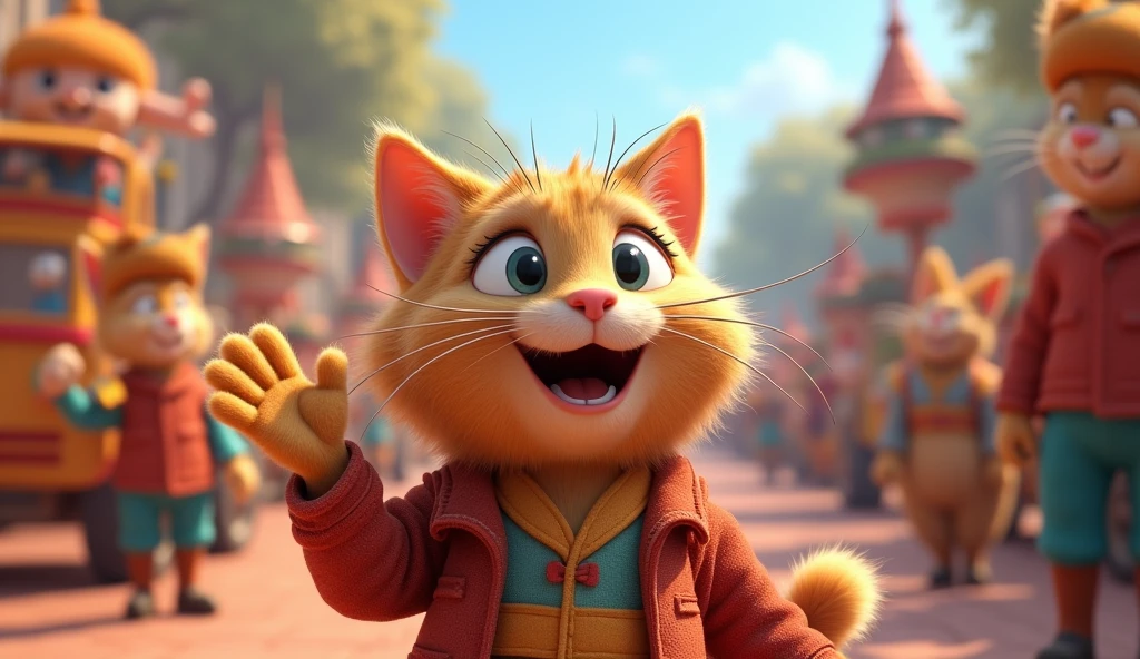 "Show the cat joining a colorful parade with floats and performers. The cat is seen happily waving and celebrating with the parade participants."
"3d animated disney inspired