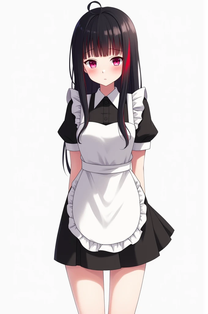 Draw Anime Style Black Hair with Red Tips, pink eyes,Maid, with a bored look,Estilo de Ellen De Zeneless Zone Zero, Without any accessories in her hair