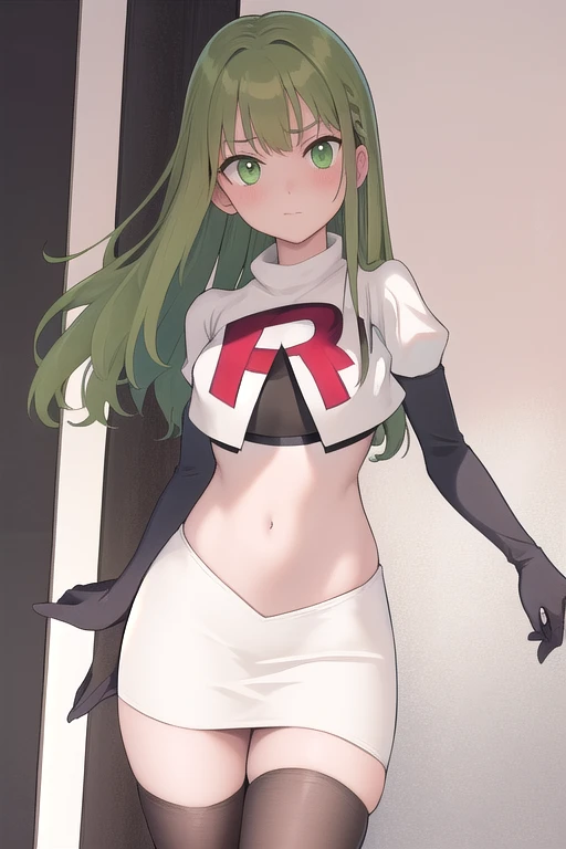 masterpiece, best quality, 1girl, solo, looking at viewer, blush, sitri, green eyes,green hair,team rocket,team rocket uniform,white skirt,red letter R,crop top,black thigh-highs,black elbow gloves