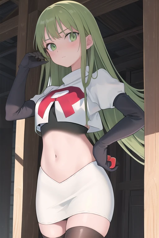 masterpiece, best quality, 1girl, solo, looking at viewer, blush, sitri, green eyes,green hair,team rocket,team rocket uniform,white skirt,red letter R,crop top,black thigh-highs,black elbow gloves