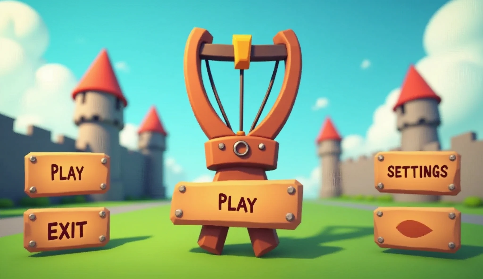 The user interface for the game is about a slingshot and the castles into which it throws projectiles. 3d shapes in low poly style. The buttons - Play, Exit, Settings - are in wooden colors with a metal frame. A slingshot in the process of launching a projectile into the castle.