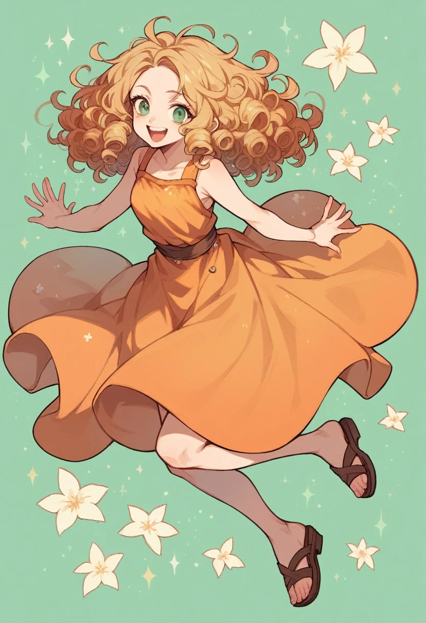 an image of a happy -yeld gi fair skin, green eyes, long, curly blonde hair, wearing an orange flowery dress and brown sandals.