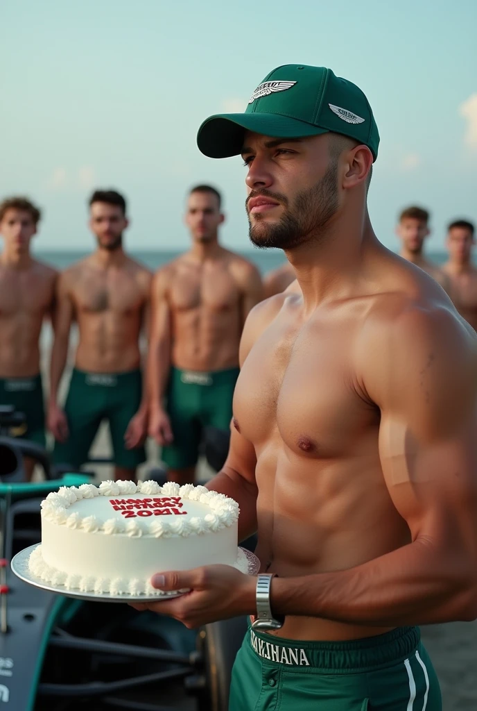 a shirtless muscular man wearing the cap and pants of the Aston Martin F1 team of the year 2023 offering a birthday cake with the name "happy birthday April" on the cake. In the background of the image a group of young men with big penises without shirts with wet torsos and green turbo swimsuits on top of a Formula 1.