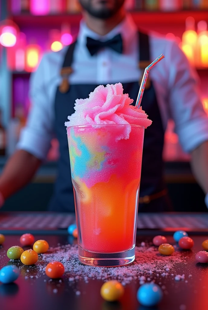 Liquor-filled slush on a colorful bartender's bar with candy and a straw