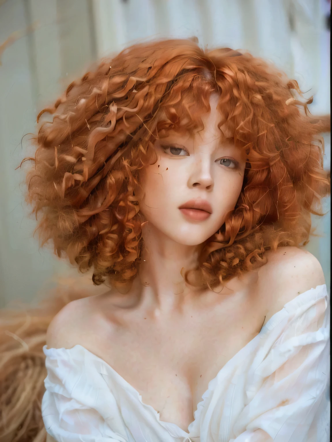 a close up of a woman with a red curly hair, curly copper colored hair, curly bangs, pale skin curly blond hair, with curly red hair, short curly blonde haired girl, red curly hair, curly blonde hair | d & d, curly red hair, gorgeous young korean woman, korean girl, curly, fluffy orange skin, ginger wavy hair, wild ginger hair