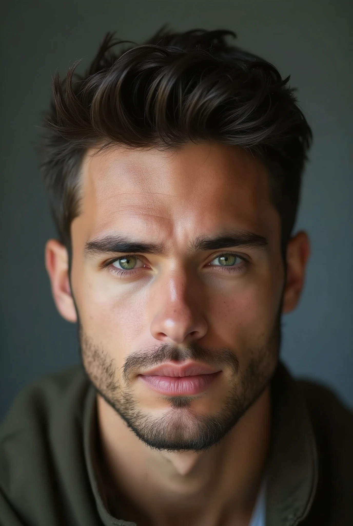Handsome white guy, 25 years old, dark short hair
bit wider face, dark green eyes and bit shorter hair
wider cheek
1 day beard