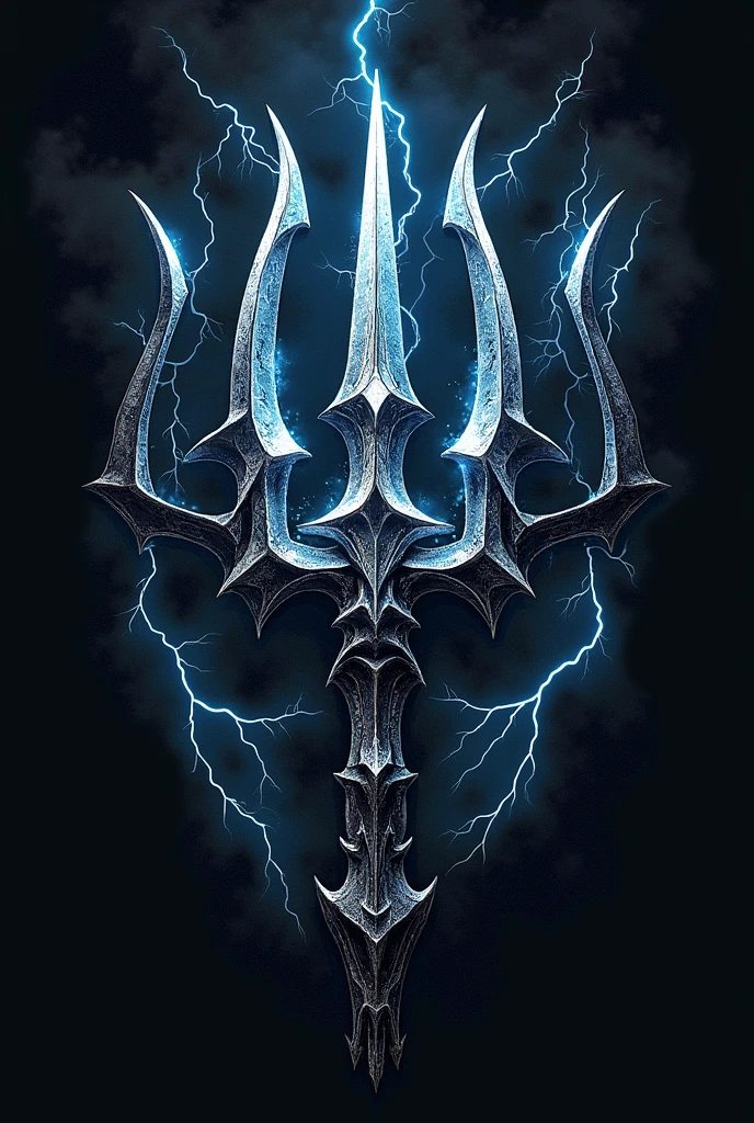 Design a trident on the back of a t-shirt, Make the trident look like it's bitter but it looks imposing and also make it look like lightning or thunder coming out of it