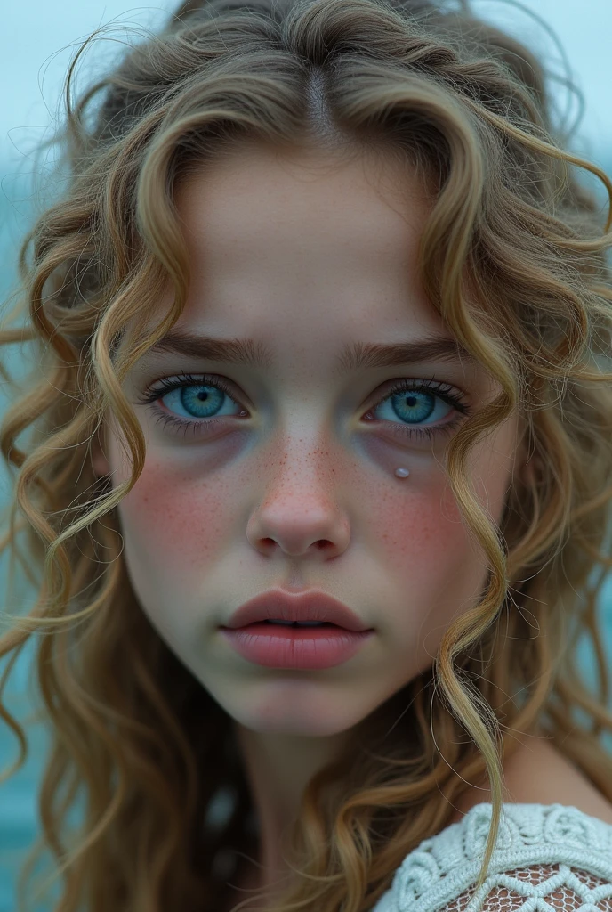 Beautiful girl with blue eyes, curly blond hair and a melancholic look. There are tears The sea appears behind with a storm.
Hair is wavy due to strong wind.
Image is horizontal.
The face has some raindrops.
The face is serene and angelic