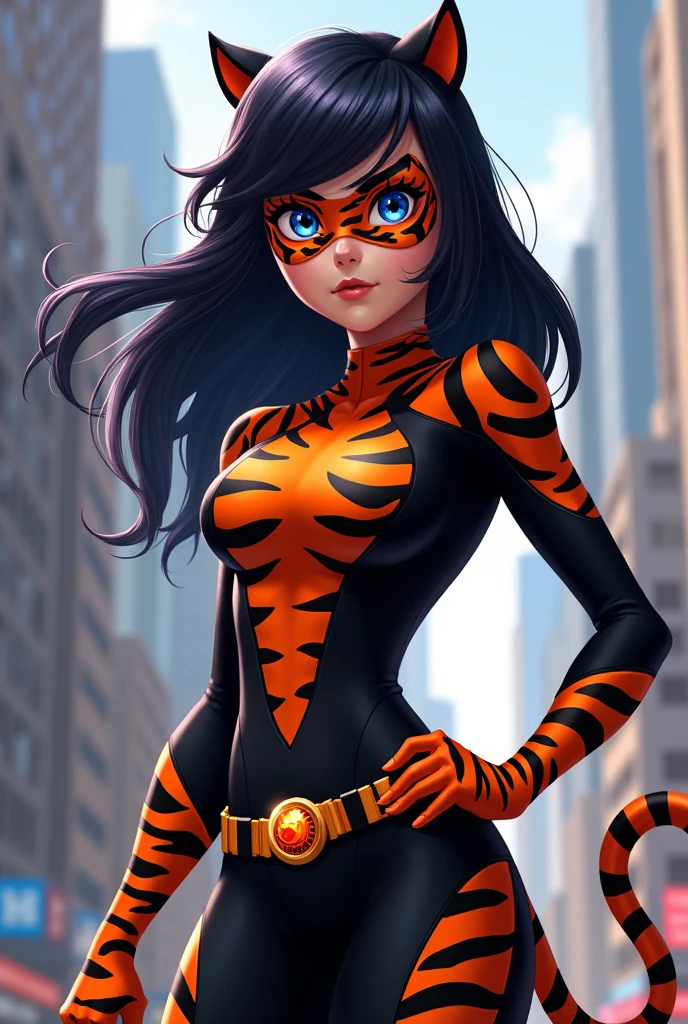 A new Miraculous Ladybug character with the tiger miraculous and her suit and a mask, blue eyes and black hair