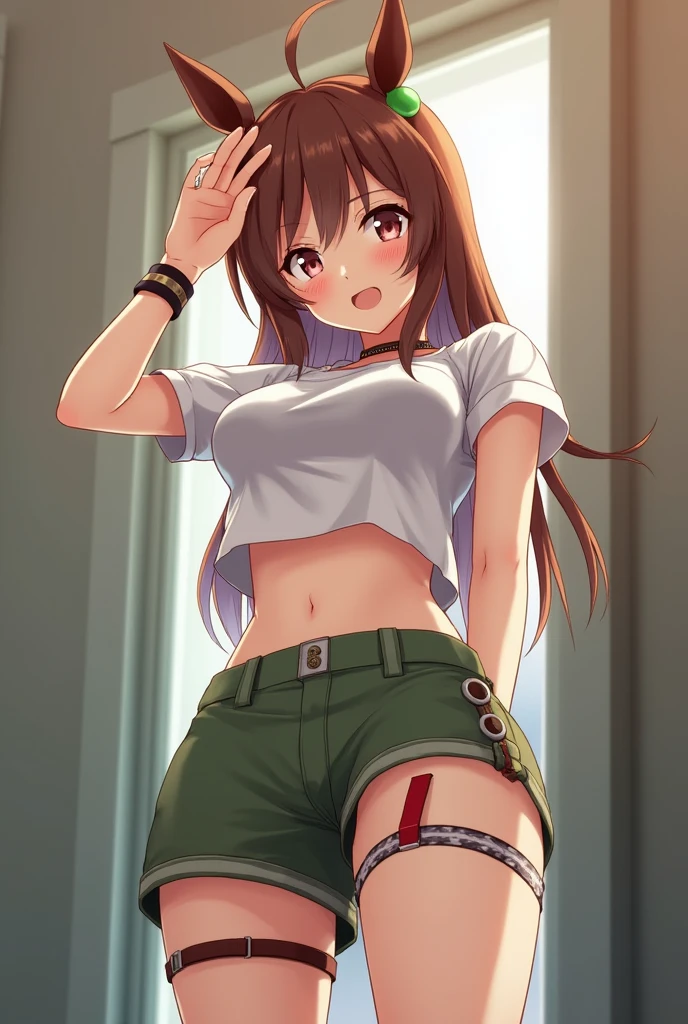 (Realistic), (Movie stills), Cinematography, masterpiece, Very detailed, Highest quality, original, Dynamic posture, Dynamic Angle Uma Musume, Horse's ears, hair ornaments, You are empty \(umamusume\), White shirt, Short shorts, Green shorts, jewelry, choker, bracelet, Thigh straps, Midi Skirt, salute
,Sweaty,close,(Blushed),(((????? nipples)))、(((Small breasts)))、(((とてもSmall breasts)))、the body is slim、(((Inserting a dildo into the vagina)))、Cute 17 year old girl、????? dripping on face、(((Completely ?????)))、Squirting from the genitals、Had a used condom