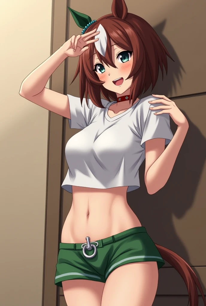 Still from anime, The 80s. 1 Boy with shiny brown hair and dark honey eyes (Boy's flat chest:1.5), solo, Short, whole body, 80's hairstyle, with a serious and indifferent expression on his face, age: 15 years, ((fully dressed)), modest and elegant casual clothes for girls(modest tank top, Midi skirt, Jewelry) (crossdresser boy in modest girls clothes:1.5), Boy's physique, hands on hips, modest standing pose, style: Devilman in 80's anime..