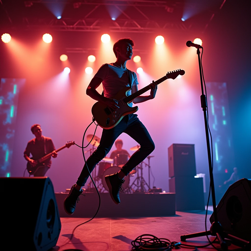 A dynamic, motion-blur photograph capturing a young, slender Asian man energetically leaping on stage while playing an electric guitar, his silhouette illuminated by vibrant stage lights. The scene is filled with a sense of energy and excitement, with a mega sound setup and a mic stand visibly pulsing with sound waves. Other band members can be seen in the background, contributing to the electrifying atmosphere. The backdrop is a kaleidoscope of colors, enhanced by long shutter speed to create a swirling motion blur effect that embodies the rhythm of the music. The composition follows the rule of thirds, emphasizing the subject's expression of joy and passion as he locks eyes with the camera, inviting the viewer into the exhilarating moment.