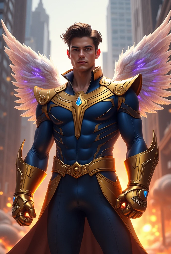 A 17 years young boy stand , clear and white skin, boy wear clothes like God, good and stylish hair style, wings in back of shirt of, oy looking camera, boy hold magical gloves of thano in one hand, boy destroying large buildings in background, boy hold magical gloves of thanos in ne hand, boy looks like God, dangerous eyes of boy, his face is clearly shows, boy's full body in frame, silver and golden magical wings, boy destroying large buildings in background, full body of boy in frame.