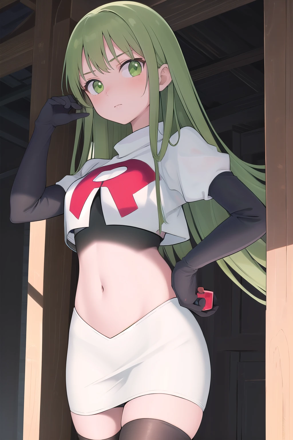 masterpiece, best quality, 1girl, solo, looking at viewer, blush, sitri, green eyes,green hair,team rocket,team rocket uniform,white skirt,red letter R,crop top,black thigh-highs,black elbow gloves