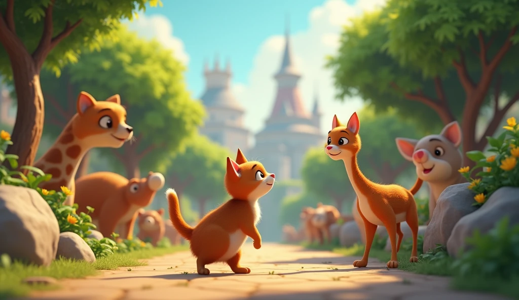  "Illustrate the cat exploring a city zoo, where it observes and interacts with various animals. The zoo is well-maintained, with enclosures for different species."
"3d animated disney inspired
