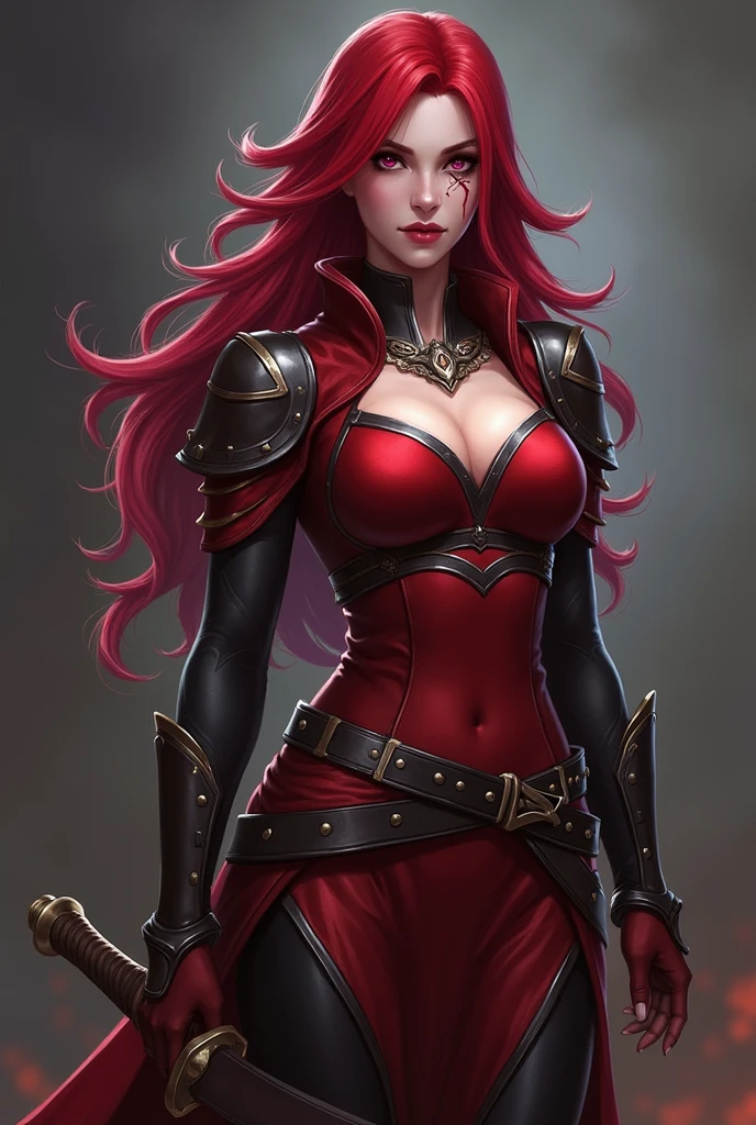 You can create an image of the League of Legends champion Katarina with the Katarina Warrior Queen skin and make her look like she has the two swords she has and a scar on her left eye. 