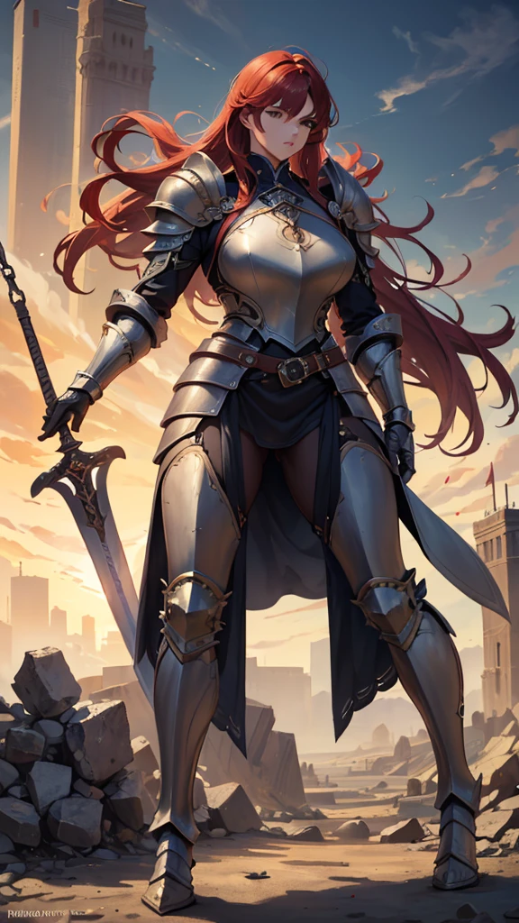 (masterpiece, 4K ,Super detailed:1.2), (anime:1), (Perfect quality), (((Adult body))), ((Swinging a big sword, Combat Ready)), The whole body is shown, Looking at the viewer, Big body, Gladiator、armor, Heavy equipment, A look of contempt, Red hair, brutal, violent