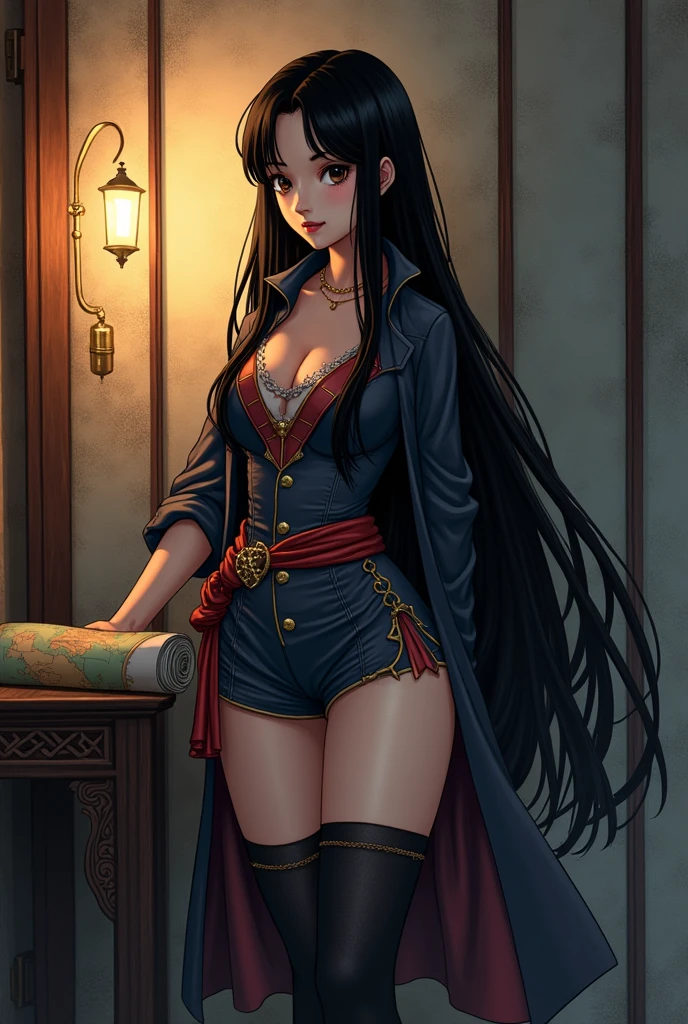 (drawing style) (Woman) nico robin (Oce Piece) long black hair, Wearing a Traveler outfit, standing giving a rolled up map, leaning with her elbow on a chair/Wall(something to lean against), legs and five fingers, more meat, beautiful two-dimensional, HD backlit background , nightfall,가슴,jiangshi, Qing_Guanmao