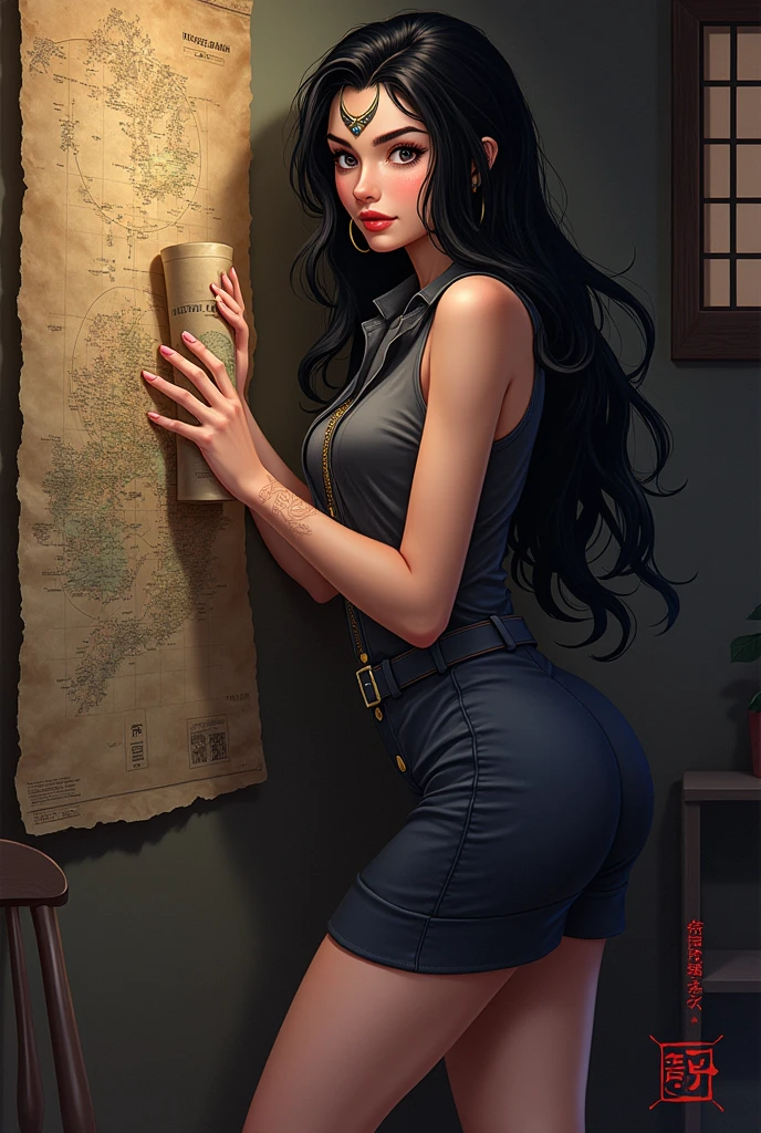 (drawing style) (Woman) nico robin (Oce Piece) long black hair, Wearing a Traveler outfit, standing giving a rolled up map, leaning with her elbow on a chair/Wall(something to lean against), legs and five fingers, more meat, beautiful two-dimensional, HD backlit background , nightfall,가슴,jiangshi, Qing_Guanmao