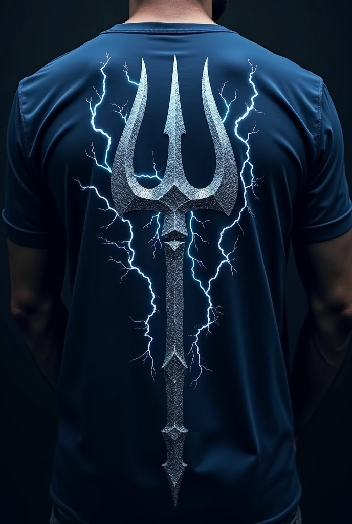 Design a trident on the back of a dark blue t-shirt, Make the trident look like it&#39;s bitter but it looks imposing and also make it look like lightning or thunder coming out of it
