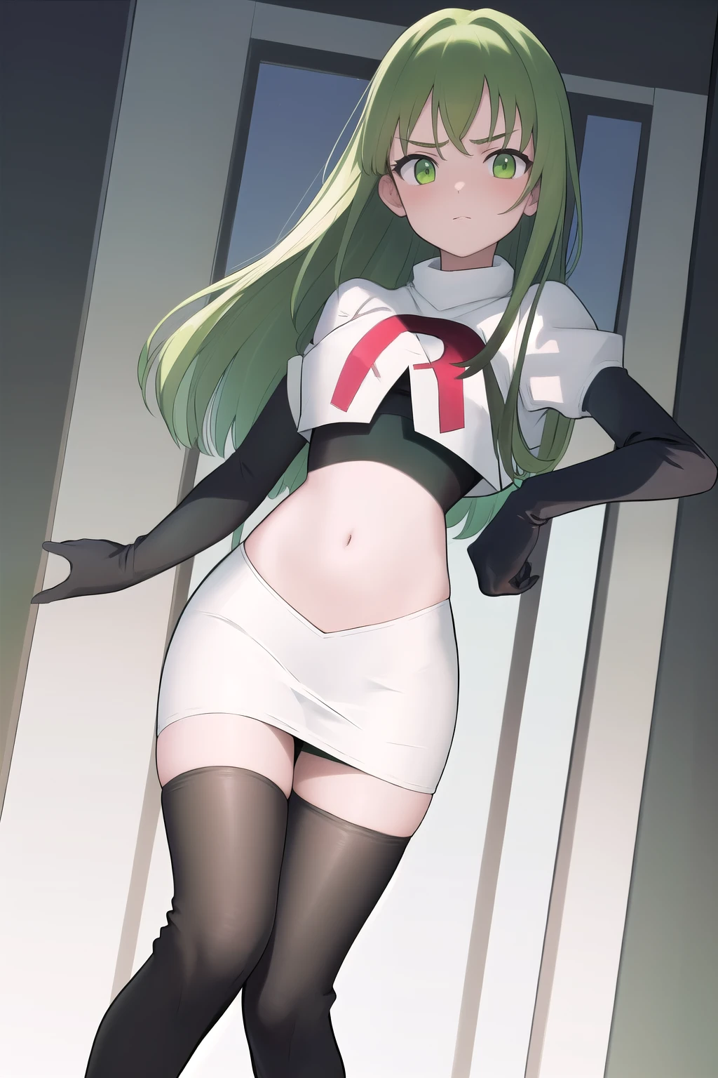 masterpiece, best quality, 1girl, solo, looking at viewer, blush, sitri, green eyes,green hair,team rocket,team rocket uniform,white skirt,red letter R,crop top,black thigh-highs,black elbow gloves