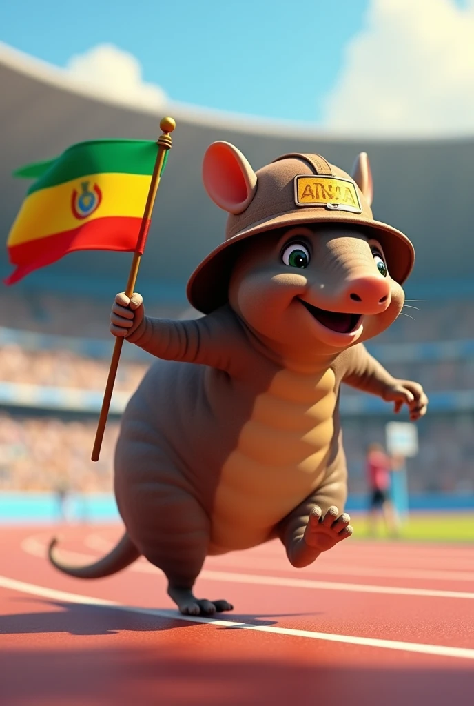 An animated armadillo with the Bolivian flag in his hand, with a brown miner's helmet on his head and running athletics in Paris 2024