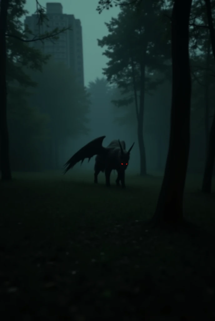 A night image that looks like it was taken with a low-quality cell phone. The scene is dark, grainy, and somewhat pixelated, capturing a mysterious and distant figure of the Man with wings in a dense forest. He is very far away, half on all fours, focused on something on the ground, as if investigating or hunting. His glowing red eyes stand out in the darkness, without horns and with a short neck, almost non-existent, reinforcing its appearance of anomaly. The wings are big, but its shape is difficult to discern due to the poor image quality. Ao fundo, among the trees, you can see the blurred outlines of buildings, suggesting a proximity to an urban area. A imagem, poorly lit and full of noise, evokes a sense of unease and mystery, as if the figure was on the verge of disappearing into the darkness.