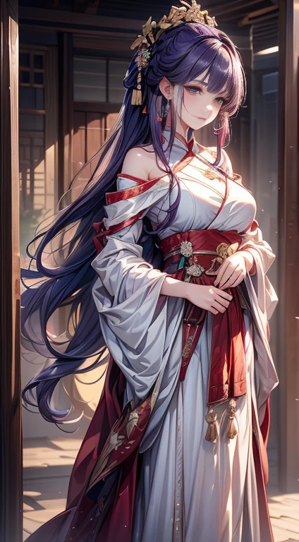 masterpiece,Highly detailed CG integrated 8k wallpaper,1 girl,full body image， fair,big eyes， distinct facial features，realistic, faint, faint_background, faint_View, China Pavilion, earrings and nipple rings,jewel-like, nose, realistic, lonely,Gorgeous off-shoulder hanfu, purple hair