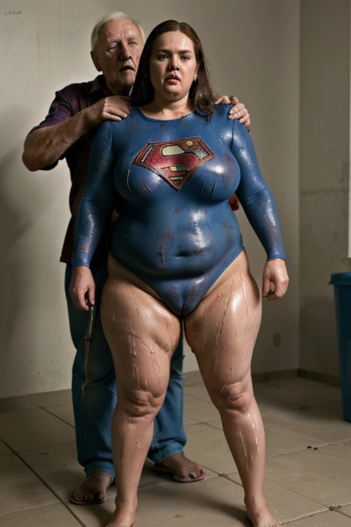bbw superheroine is standing and paralyzed in front of an old man who grabs her crotch, full body, mature bbw, submissive and exhausted, urinating and defecating standing, wet and dirty clothes