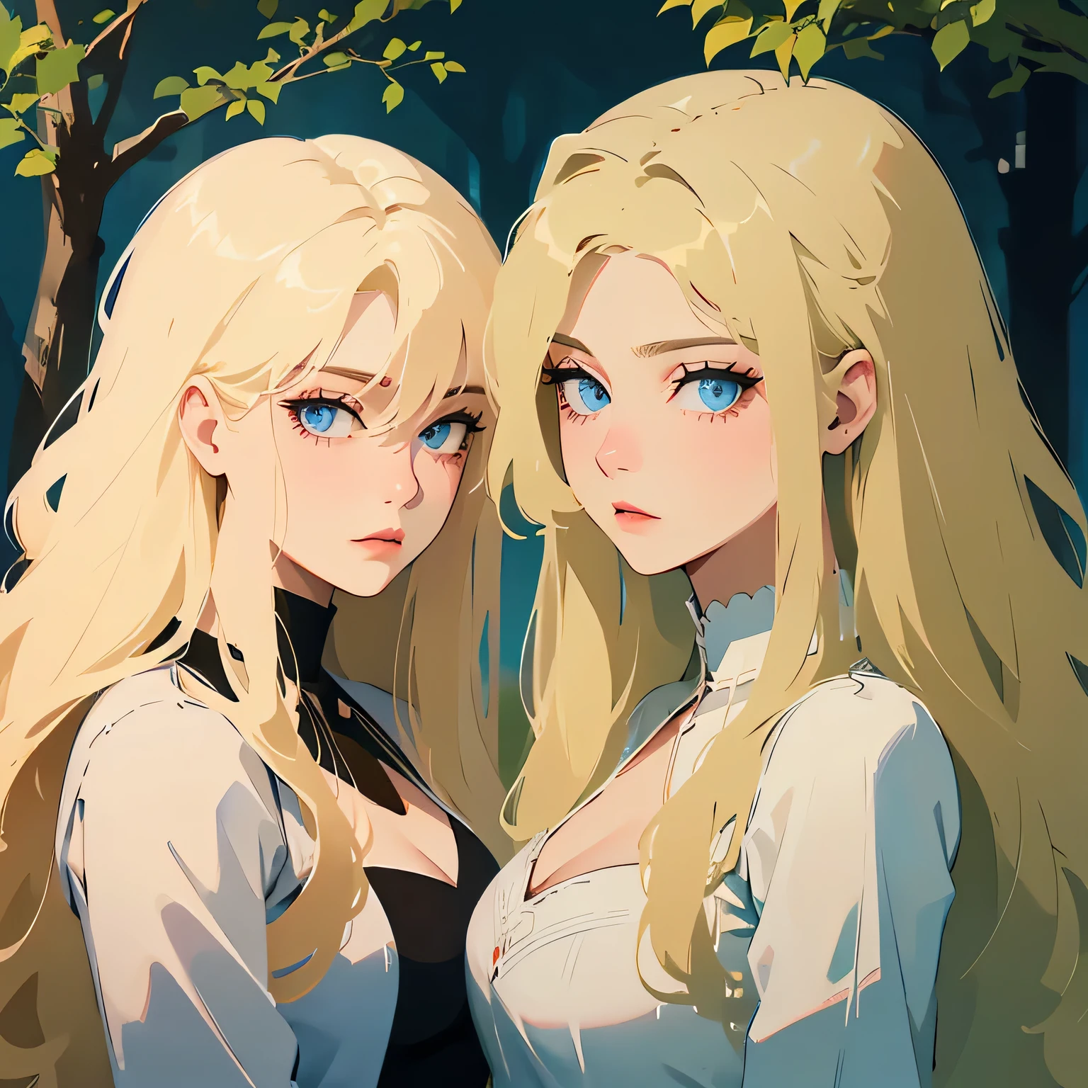 Two women in one photo,Double bust,The first woman has very light blonde hair and very light blue eyes, the other has very light blonde hair and the other has blue eyes., they both have long, flowing hair, pale skin, perfect faces, the first long hair, and the second medium, Beautiful dress not bulky forest escape element sun and moon, flower element corolla, soft portrait, it's interesting, blue dress, dress blue, dresss blue
