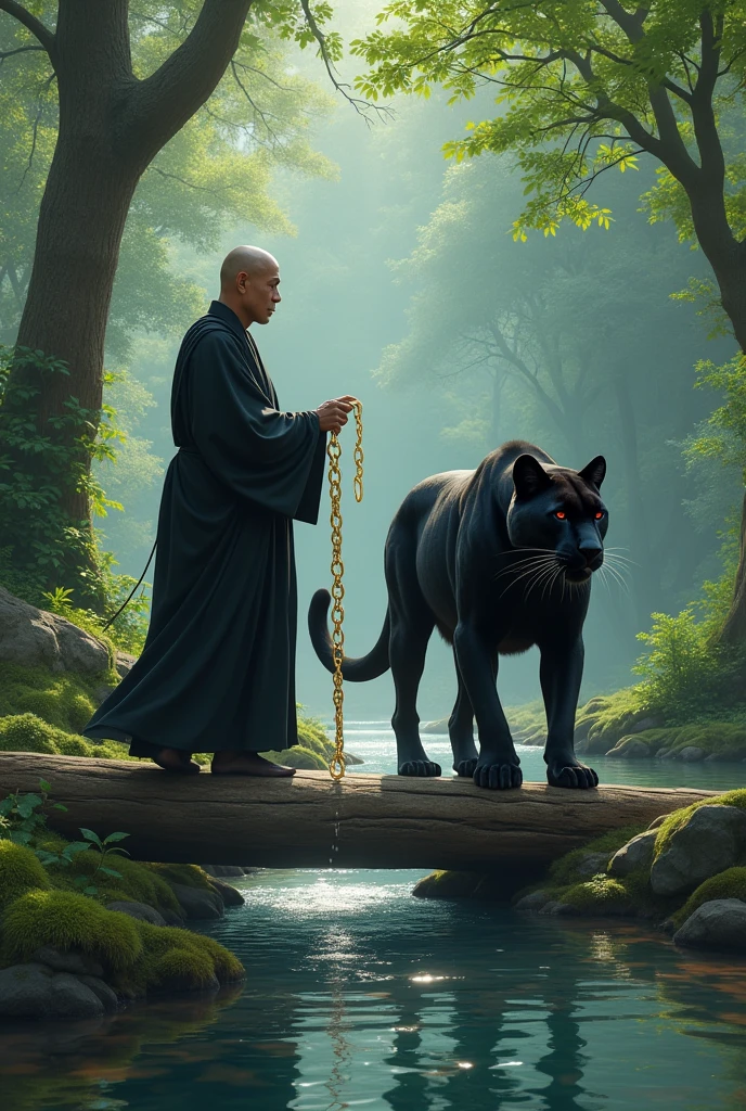 A buddhist monk who is dressed black cloths, and he is walking on wooden log which is fallen on water river from end to end location is  beautiful forest greenery scene with black panther which has red eyed , monk holding long gold chain which is in panther neck