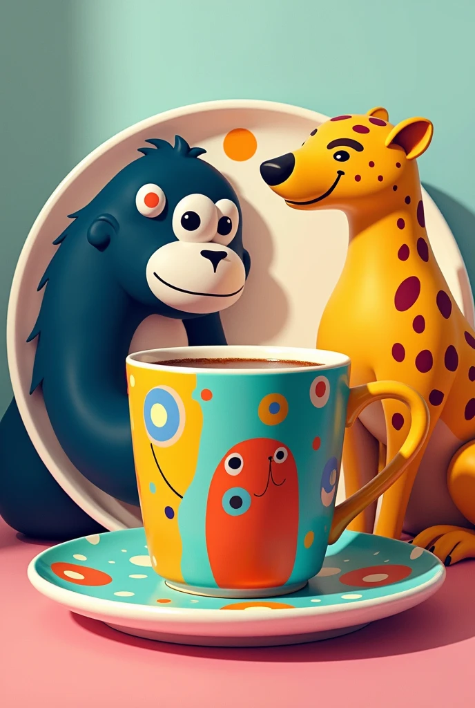 Colorful coffee mug and plate
With gorilla Toucan and cheetah ON A CUP AND A PLATE dumbass