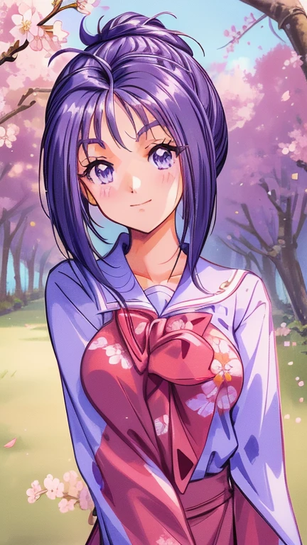 ((masterpiece)),((Ayako Katagiri)),((Katagiri Ayako)),((Mischievous Smile)),Anatomically perfect fingers,(((Cherry blossom trees))),(((High School Summer Uniforms))),Cherry tree in full bloom
