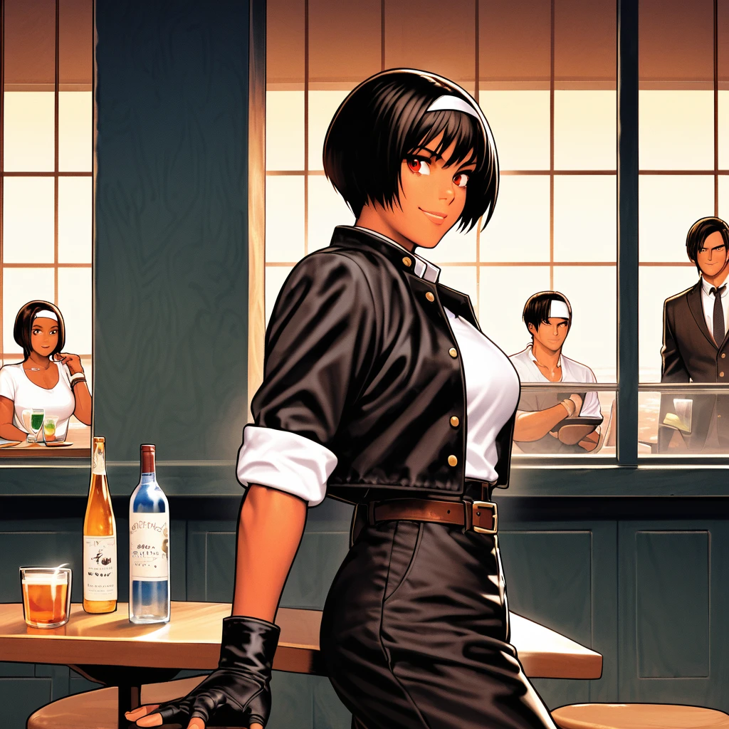 Frivolous,single,woman,short hair,Black Hair,Dark Skin, ((White headband)),Red eyes,Black jacket(Roll up your sleeves),Fingerless gloves,White T-shirt,Black pants,White shoes,Brown belt,cute,Indoor person,Flashy guy,You can see the ocean,Slightly large breasts,Outdoor,high quality,. Well-proportioned face、fine texture、A confident smile、Dining with friends at a terrace restaurant、Drinking alcohol。