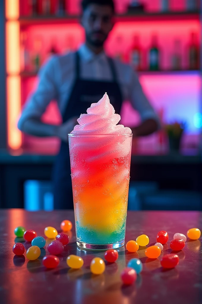 Liquor slush on a very colorful bartender bar with jelly beans