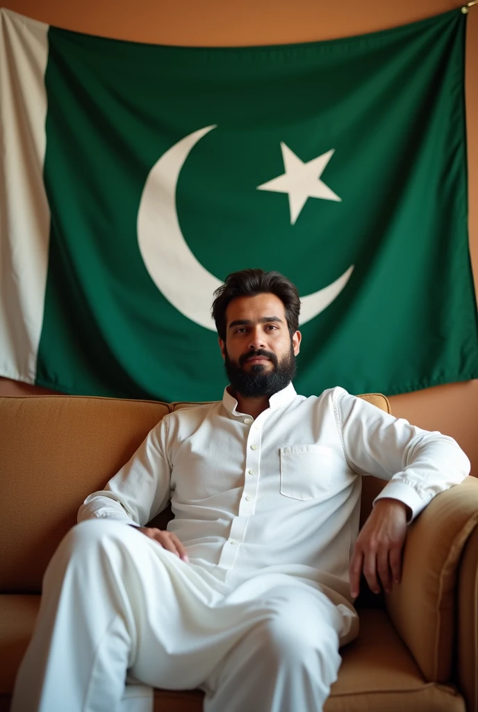A person is sitting on a sofa, he is wearing a white color shalwar with a Pakistani flag on it and these flags are also attached to the wall below.