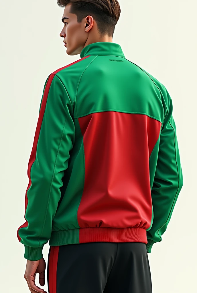 Fashion product design sheet, a green  and red track jacket, don't want any word on the jacket
, front and back angle design, labelled diagram, 