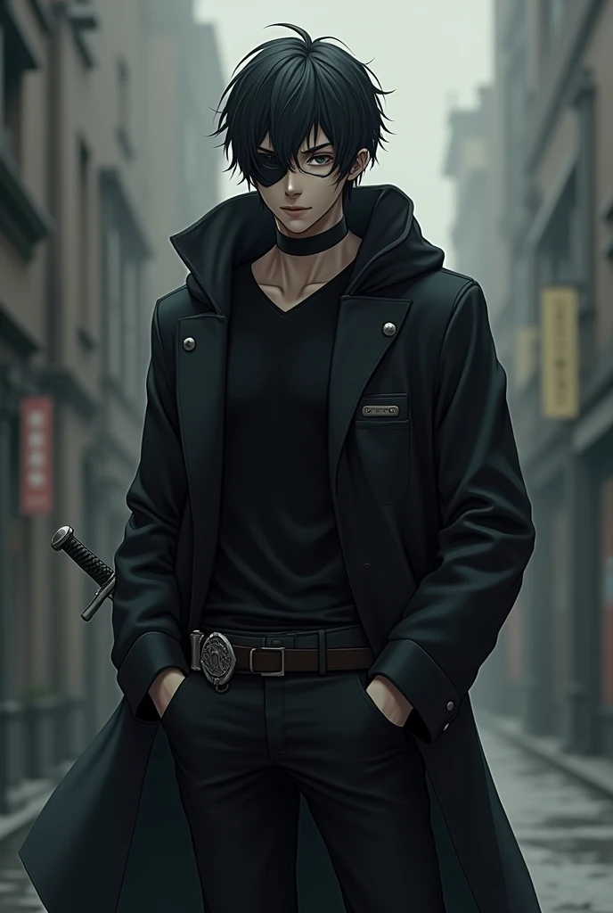 Young man, short black hair with some white hair, bandage covering the left evil eye, wearing black long sleeve shirt, black pants, black gloves, black long hooded coat, sword on left hip, right side pocket.