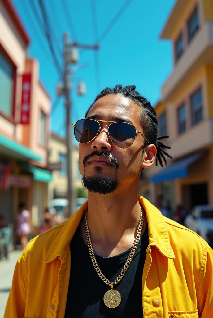 Brazilian Asian Trap, goatee, trap rap cd cover ( sunny day outdoors) urban scenery