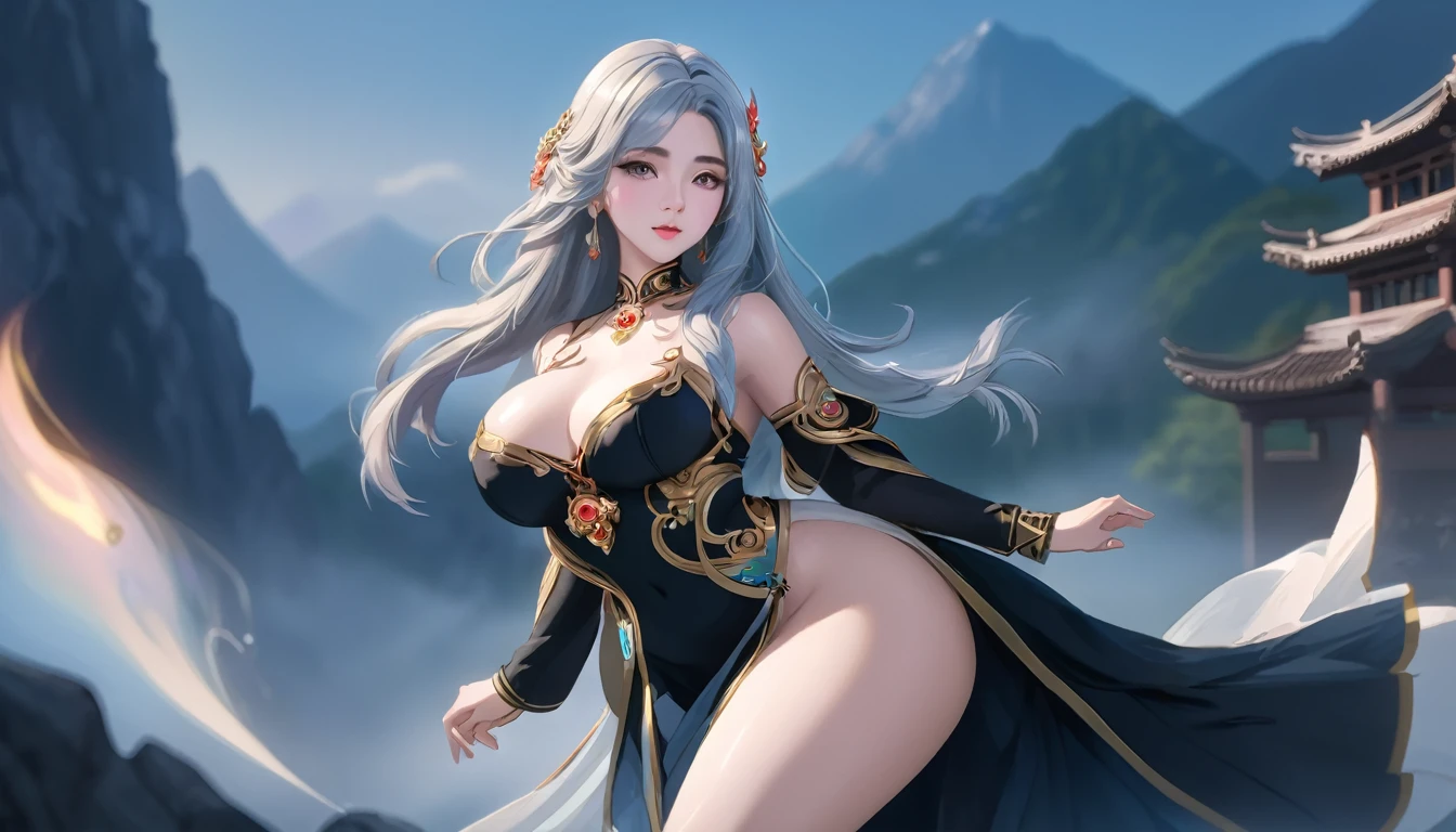 high quality,HD,16K,Sharp Line,1 Girl,fantasy, (Fire Spirits),Pretty Face, Large Breasts, Beautiful legs,In the mountains,Focus Girl,detailed Pretty Face,Detailed clothes,beautiful eyes,Cool,Sexy,Dynamic Angle,穿着华服的神明Strike a pose拍照, Ancient mysterious sexy goddess, Traditional beauty woman, Beautiful female warrior god of war , Beautiful sexy goddess, Gorgeous role-playing, high, Beautiful young girl, Beautiful woman, 华丽Beautiful woman, Complex clothing,Chinese Mystical Aesthetics, Beautiful Asian ancient mysterious girl, Extremely detailed shot of the goddess, Jaw-dropping sexy beauty, Big breasts deep neckline sexy belly button(butt), (bedroom), (Sexy Girls), masterpiece, best quality, Bangs, blush, Chest, clavicle, Eyebrows visible through hair, (Gradient red and gold hair), Jewelry, Long hair,Bright Eyes, ring, (solitary), illustration, fashionable, miss, Strike a pose, background, element, confident, Express, Accessories, majestic, striking, key point, Dynamic poses, ((plump)), (black))Woman in transparent dress,Viewer,(((Full breasts, Keeley University))),Slim waist,(Navel exposed,Bare waist), Long hair, extreme detailed details, 详细的fantasy艺术, Stunning character art, Beautiful and exquisite character art, Beautiful transparent dress, Very detailed, Large Breasts,Chest,Golden ratio figure,Beautiful figure,Ultra wide-angle shooting,Full body shot拍摄,Body close-up,Full body shot,Wearing a pleated tulle skirt,柔和动漫illustration, 柔和的深色background,Fujifilm XT3 Clear focus, f 5.6, High Detail, Clear focus,(Wearing openwork clothing),, (Natural light), (Tempting)translucent, Good velvet quality, Compared, Divine Light,, Silver hair, 天空background, Absolute Strength,Female Shinmei,穿着性感丝绸的Female Shinmei,,Large Breasts,Chest,Golden ratio figure,Beautiful figure,Ultra wide-angle shooting,Full body shot,Body close-up,Full body shot, Wearing a tulle dress, Model shooting style, Large Breasts,饱满Chest,Golden ratio figure,Beautiful figure,(Extremely detailed CG 8k wallpaper unit), The most beautiful artistic photos in the world, , 8K 超HD, ) on the beach,Sexy lazy posture,Sexy seductive expression,best quality,masterpiece,Ultra-high resolution,(Practical:1.4),original photo,Ultra-high resolution
