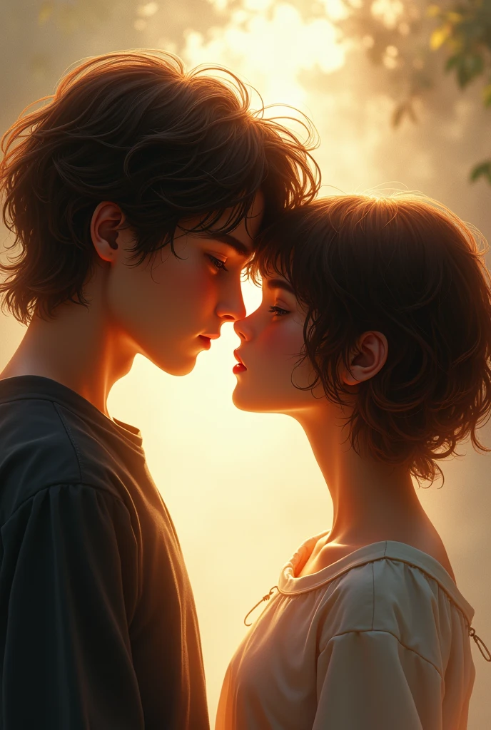 a cute boy, with very long brown straight hair. looking with mesmerizing eyes, at a girl with brown short hair, which is coming till her neck, with a rebellious vibe. make it look very intimated