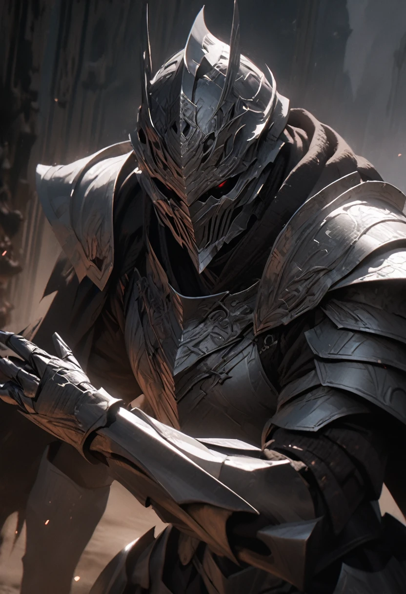 a silver armored man, no helmet, extremely detailed armor, detailed face, intricate metal texture, cinematic lighting, dramatic pose, dark fantasy, moody atmosphere, high quality, 8k, photorealistic