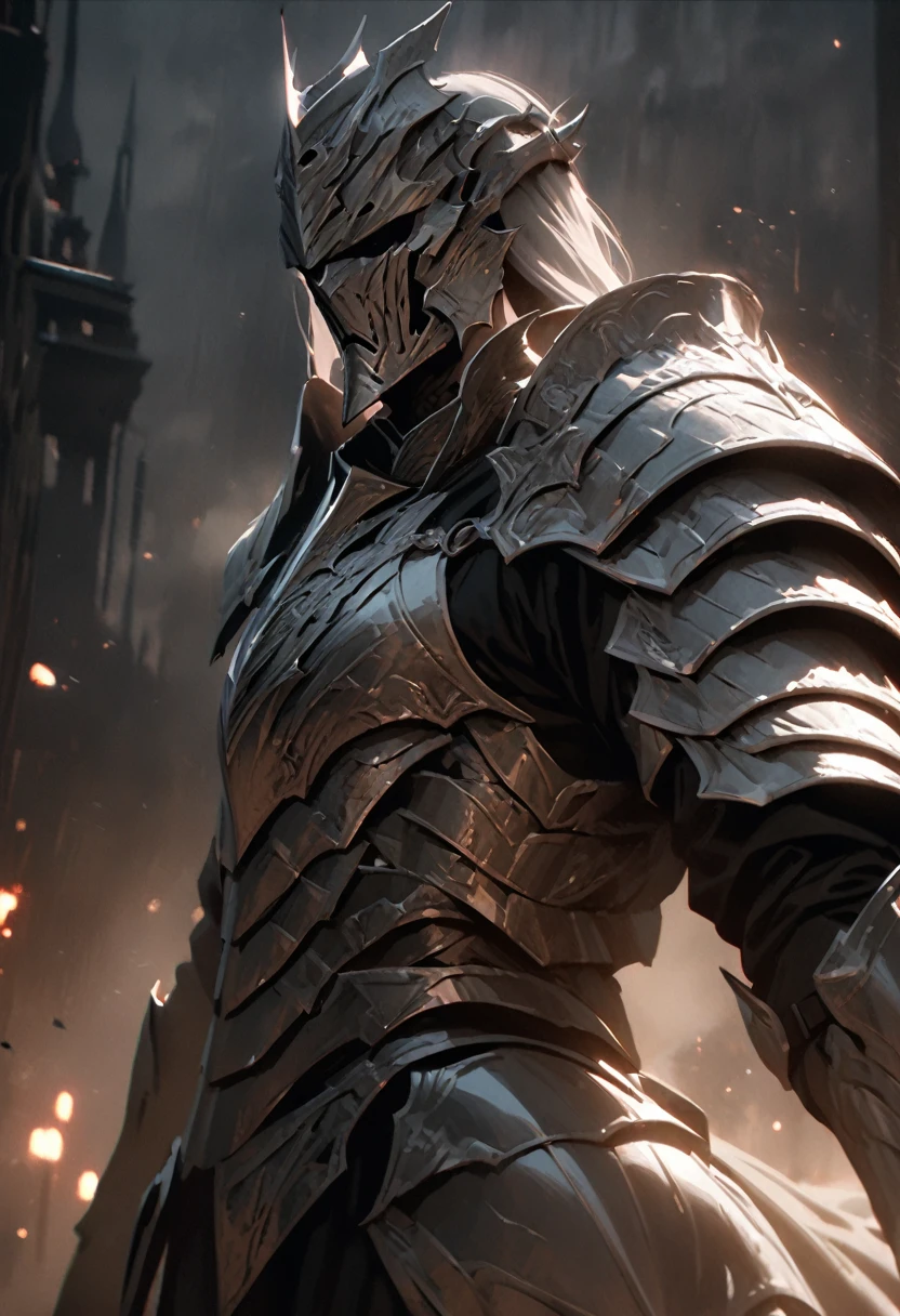 a silver armored man, no helmet, extremely detailed armor, detailed face, intricate metal texture, cinematic lighting, dramatic pose, dark fantasy, moody atmosphere, high quality, 8k, photorealistic