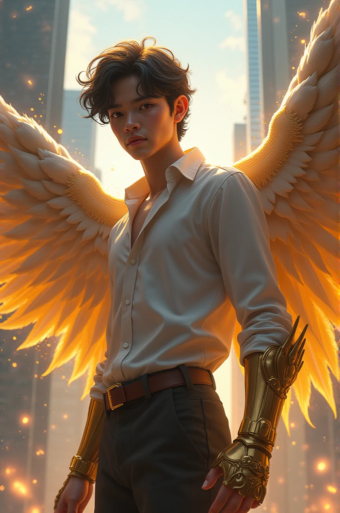 A 17 years young boy stand , clear and white skin, boy wear clothes like God, good and stylish hair style, wings in back of shirt of, oy looking camera, boy hold magical gloves of thano in one hand, boy destroying large buildings in background, boy hold magical gloves of thanos in ne hand, boy looks like God, dangerous eyes of boy, his face is clearly shows, boy's full body in frame, silver and golden magical wings, boy destroying large buildings in background, full body in