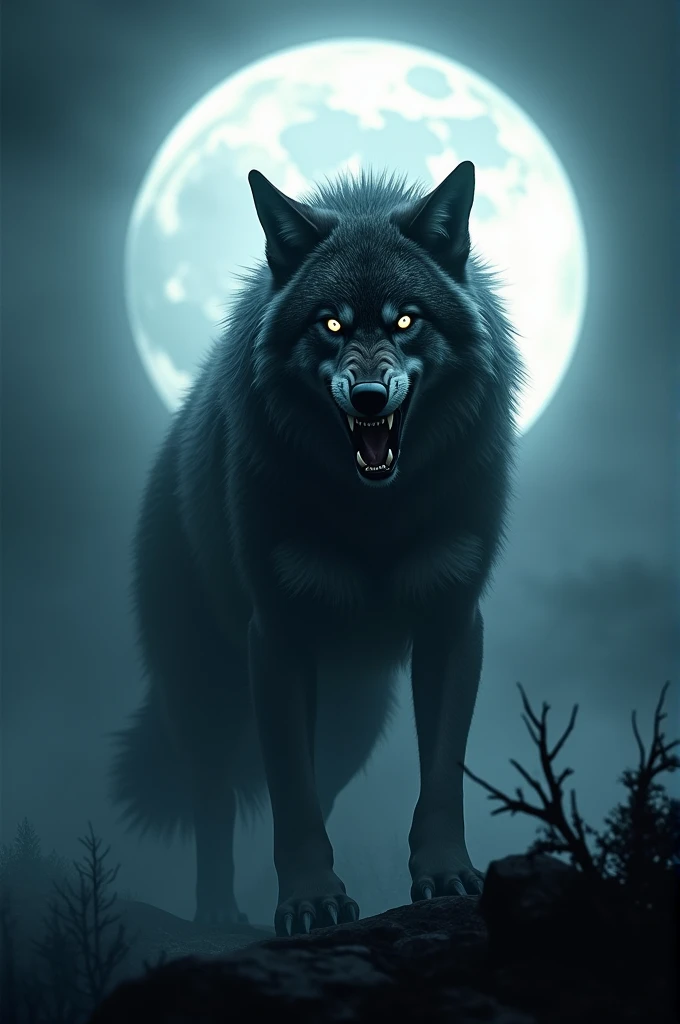 Angry wolf standing on two legs with the moon in the background