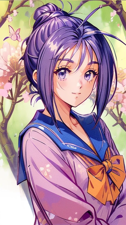 ((masterpiece)),((Ayako Katagiri)),((Katagiri Ayako)),((Mischievous Smile)),Anatomically perfect fingers,(((Cherry blossom trees))),(((Kirameki High School Uniform))),Cherry tree in full bloom