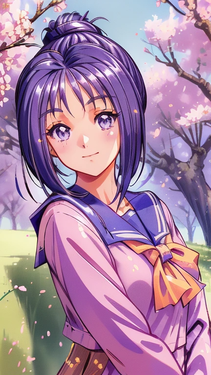 ((masterpiece)),((Ayako Katagiri)),((Katagiri Ayako)),((Mischievous Smile)),Anatomically perfect fingers,(((Cherry blossom trees))),(((Kirameki High School Uniform))),Cherry tree in full bloom