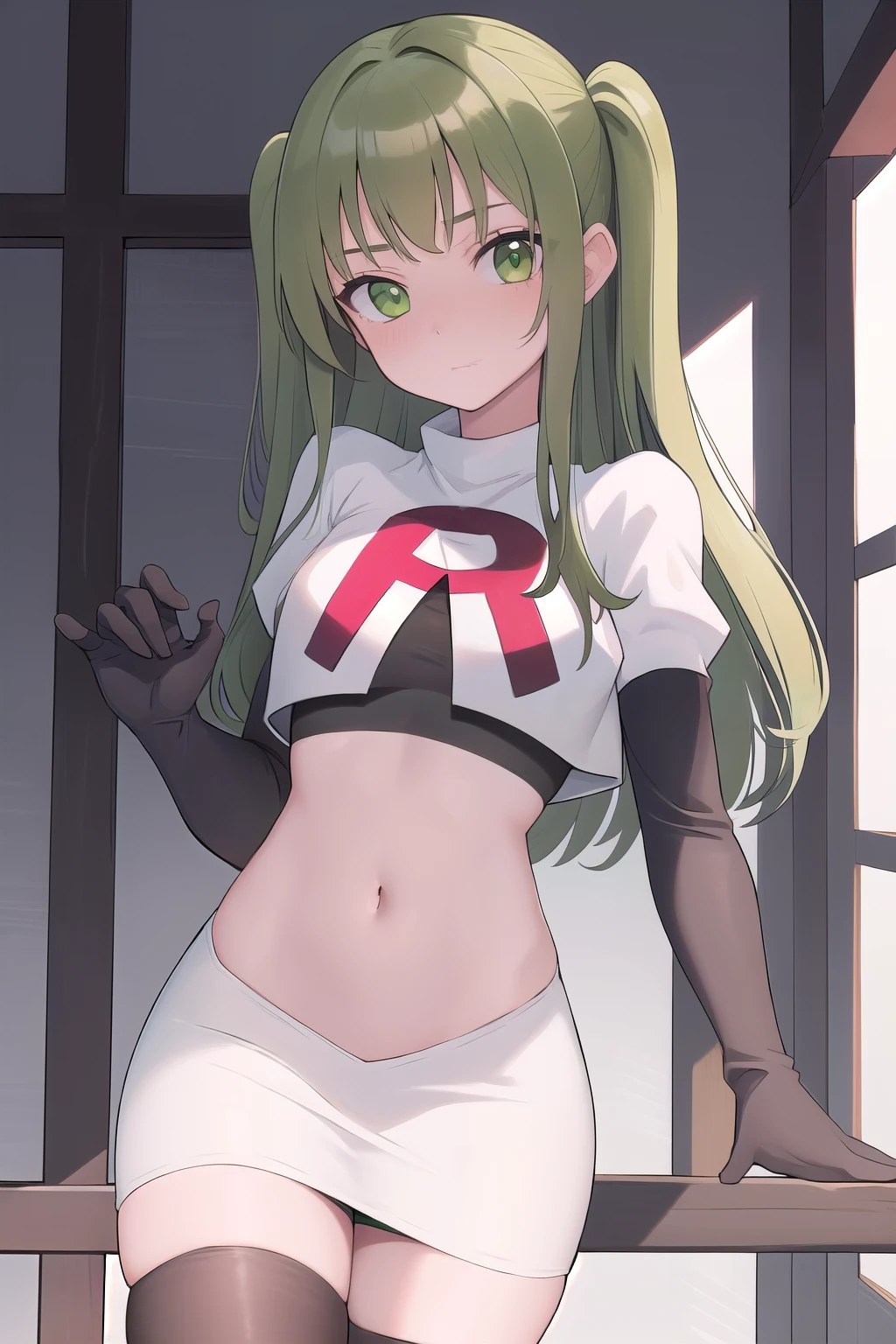 masterpiece, best quality, 1girl, solo, looking at viewer, blush, sitri, green eyes,green hair,team rocket,team rocket uniform,white skirt,red letter R,crop top,black thigh-highs,black elbow gloves